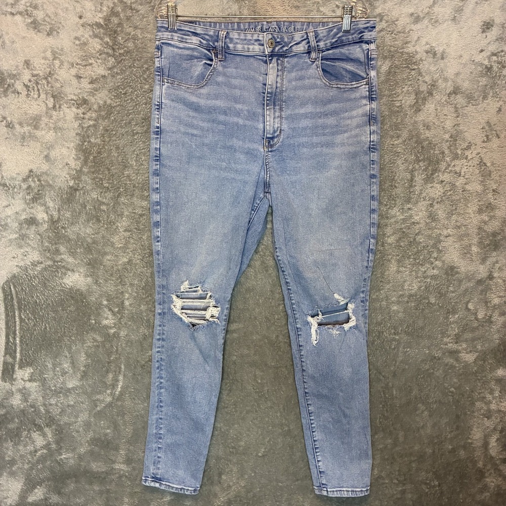 American Eagle Womens Super High Rise Jegging 18 Light Wash Denim Distressed